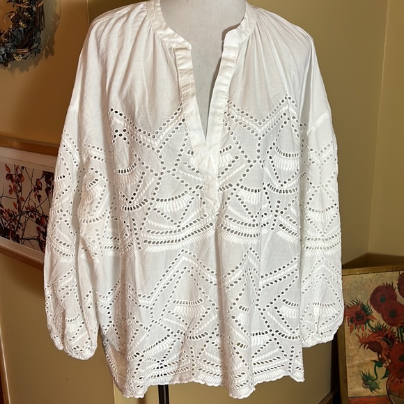 SUNDANCE Size Large +  Eyelet Popover VNeck Poet Top White Peasant Tunic Cotton - Picture 8 of 10